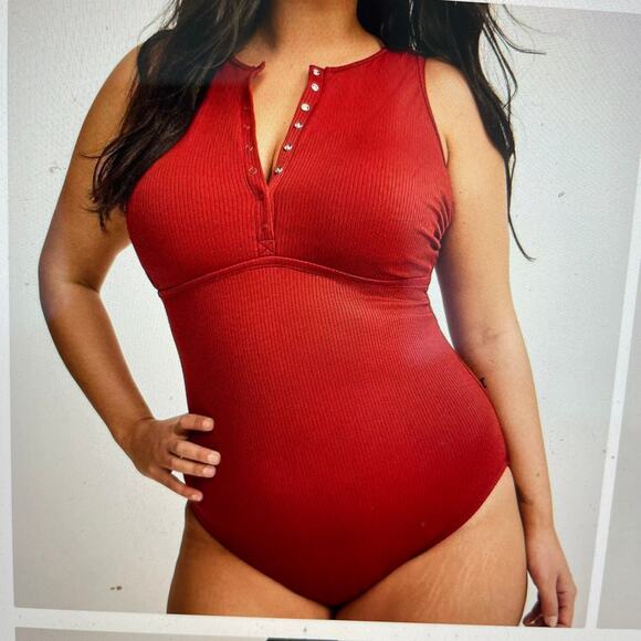 Torrid Rust Red Henley Snap One PIece Swimsuit 4 - Picture 10 of 10